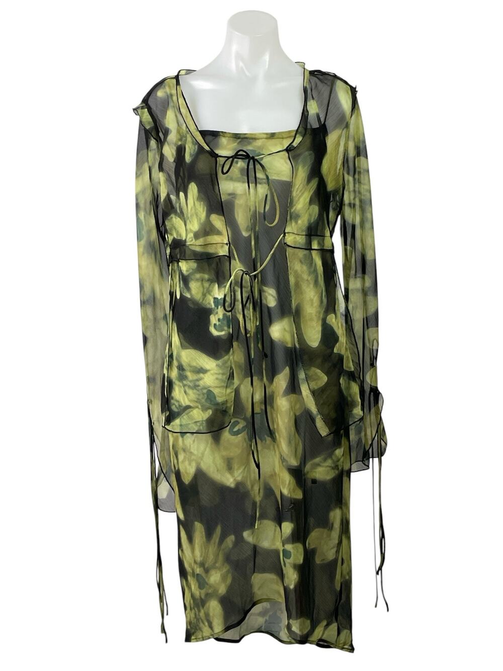 Commense Green Floral Mesh Long Sleeve Tie Cardigan Tank Midi Dress Set Size M